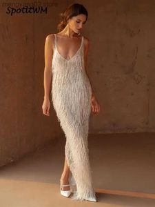 Basic Casual Dresses Elegant Tassel V-neck Backless Split White Dress Sexy Sleeveless Vintage Long Sling Bodycorn Women Prom Night Club Vestidos T231026