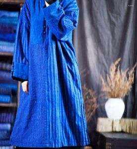 Women's Trench Coats Women Parkas Cotton Linen 2023 Winter Autumn Original Pullover Buckle Retro Padded Blue Long Coat