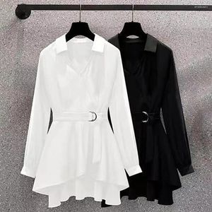 Women's Blouses Pullover Shirt High-Waist Tunic Irregular Hem Office Lady Waist Tight Adjustable Belt Blouse Solid Color