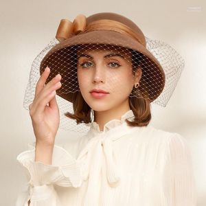 Berets Fedora Hat For Women Temperament Elegant 2023 Autumn Winter Women's Bow Wool High Quality Top Wedding Wend22