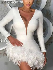 Basic Casual Dresses Feathers Slim Solid Dress Women Sexy Long Sleeve Deep V Neck Hip Package Mini Dresses 2023 Evening Party High Waist Vestidos T231026