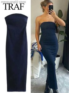 Basic Casual Dresses TRAF 2023 Women's Denim Strapless Backless Split Dress Lady Strapless Tube Corset Side Dress Solid Vintage Off Shoulder T231026