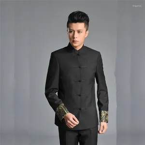 Ternos masculinos juventude estilo chinês hanfu bordado tang terno zhongshan para homens gola fivela formal noivo homem vestido