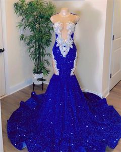2024 Elegant Blue Sequin Mermaid Long Prom Dresses For Black Girls Sheer Neck Plus Size Sweep Train Formal Evening Occasion Gowns