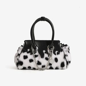 Evening Bags Women Autumn and Winter Designer Fur Handbags Black and White Polka-dot Plush Shoulder Bags 231026