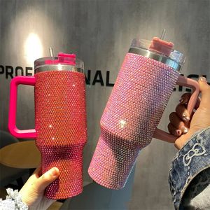 Mugs 40oz Rhinestone Embellished Coffee Mug Stylish Luxury With Handle Lid Straw Tumbler Drinkware Thermos Stainless Steel Vacuum Cup 231026