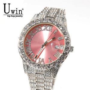 Kadın Saatleri Uwin Big Dial Saatler Pembe Mor Mavi Siyah Tam Buzlu Çıkış Erkekler Paslanmaz Çelik Moda Lüks Rhinestones Quartz Business 231025