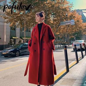 Women's Wool Blends Winter Trench Coat For Women Elegant Fashion Korean Casual Thick Wool Coat Red Lace-up Long Jacket Black Woman Coat With Blet 231026