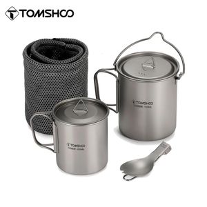 Camp Kitchen Tomshoo 3 PCS Cookware Set Ultralight 750ml Pot 450ml Water Cup Mug w Lid Folding Spork for Outdoor Camping Backpacking 231025