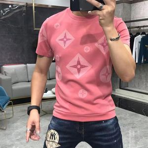 T-shirt da uomo Nuova stampa strass Casual alta qualità maschile Slim Tees Designer T-shirt colletto tondo manica corta rosa blu Blac315S