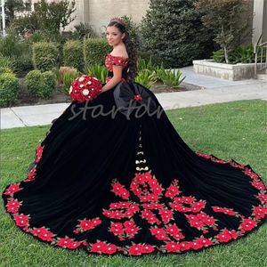 Luxury Mexican Charro Black Red Quinceanera Dresses 2024 Vestio Xv Flower Debutante Sweet 16 Dress Beaded Organza Sixteen Tired Birthday Gown Vestido De 15 Anos Para