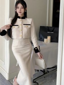 Two Piece Dress Two Piece Set Women Skirt Autumn Workplace Small Fragrance Stand Long-sleeve Tweed Jacket Fashion Midi Pencil Skirt 231026