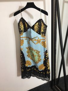 Novo vestido de pista feminino com decote em v sem mangas cinta de espaguete renda painéis moda feminina primavera verão festa vestido impresso