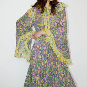 Avustralyalı tasarımcı elbise alevli kollu, tatil tarzı baskı, geniş kollu, fırfırlı kenar, kayışlı çiçek elbise 231030580