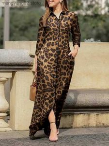 Basic Casual Dresses VONDA Bohemian Long Sleeve Dress 2023 Autumn Women Lapel Button Long Shirt Dress Loose Vintage Leopard Printed Vestidos Robe T231026