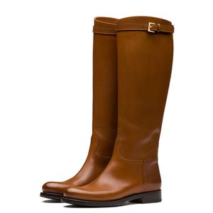 Boots Meotina Women Genuine Leather Riding Thick Low Heel Knee High Round Toe Buckle Ladies Autumn Winter Brown 43 231026