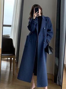Women's Wool Blends Jmprs Winter Woolen Long Coat Casual Women Double Breasted Faux Jacket Fall Fashion Korean Ladies Black Clothes 231026