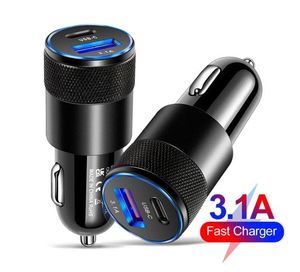 Dual Port QC3.0 Quick Charger 3.1A USB Type C USB 2 Port Car Charger Cellphone Adapter For iPhone 15 14 13 12 11 Pro Max with Retail Box