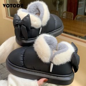 Boots Winter Women Cute Warm Ankle Outdoor Non slip Thick Sole Snow Furry Bow Cotton Shoes Men Pu Waterproof Plush 231026