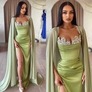 Green Mermaid Prom Dresses with cape Beaded Collar Evening Dress Pleats Split Formal Long Special Occasion Party dress