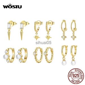 Stud WOSTU 925 Sterling Silver Geometric Circle Hoop Earrings Minmalistic Ear Studs Buckles Shell Pearl Zircon Fine Jewelry for Women YQ231026