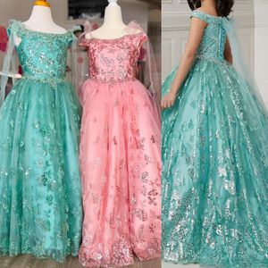 Butterfly Glitter Girl Pageant Elbise 2024 Çiçek Küçük Çocuk Eğlenceli Moda Pist Draması Doğum Günü Resmi Kokteyl Partisi Toddler Teen Preteen Miss Menaid Rose