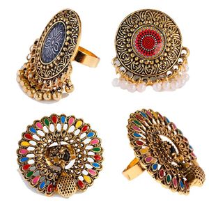 Band Rings Vintage Gold Color Women Indian Jewelry Engraved Flower Pattern Retro Party Female Pearl Tassel Finger Ring Stylish 231025