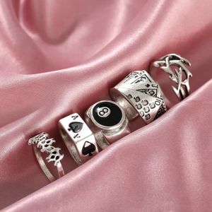 Band Rings Punk Vintage Gümüş Renkli Poker Bilardo Seti Kadınlar için Gotik Kalp Anillos Hip Hop Y2K Kore Moda Erkek Hediye Takı 231025