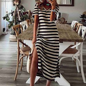 Basic Casual Dresses Summer Beach Maxi Dress Women Striped Boho Loose Long Dress Ruffles Wrap Casual V-Neck Split Sexy Party Dress Robe T231026