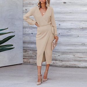 Casual Dresses Elegant And Chic V ANeck Knit Belted Sweater Dress For Women's Autumn Winter Summer Vestidos De Fiesta
