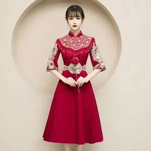 Etnik Giyim Kırmızı Nakış Gelin Düğün Cheongsam Oryantal Tarz Parti Elbiseleri Çin Vintage Geleneksel Qipao Zarif Gece Elbise