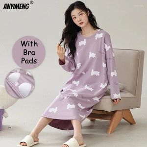 Kadın pijama sonbahar pamuk m-3xl kadınlar uzun geceli sutyen pedleri ile sevimli gece günlüğü bayanlar geceleme pijama giyinme elbise