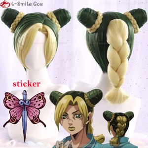 Catsuit kostümleri yüksek kaliteli anime jojo tuhaf macera cosplay jolyne cujoh kujo koyu yeşil sarışın karışık renk örgü saç perukları + peruk kapağı