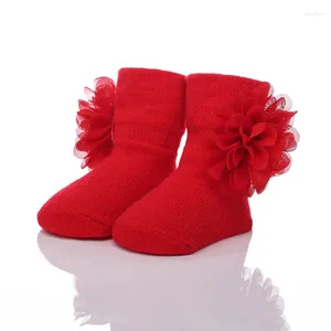 İlk Yürüyüşçüler Born Ayakkabılar Sonbahar Kış Pamuk Çorapları Şifon Dekorasyon Çiçeği Bebek 0-6-12 Kızlar için Dolunay Hediyesi