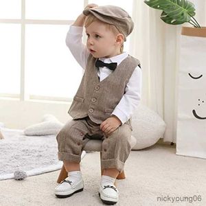 Clothing Sets Newborn Boy Formal Clothes Set Infant Boy Gentleman Birthday Outfit With Hat Vest Long Sleeve Infant Jumpsuit Suit Formal R231028