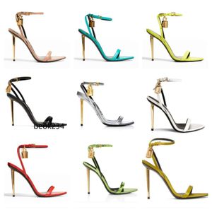 2023 Женские элегантные брендовые сандалии с замком 23S, острые голые сандалии, обувь с замком и ключом, женские металлические туфли на шпильке, дизайнерский высокий каблук