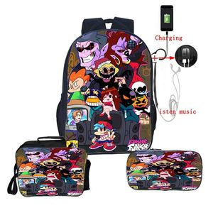 Sırt çantası 3pcs Set Cuma Gecesi Funkin Güzel 3D Baskı Bookbag Erkek Kız Okul Sırt Çantaları USB Ücret Seyahat Sokak Çekişi Öğle Yemeği Kutusu182V