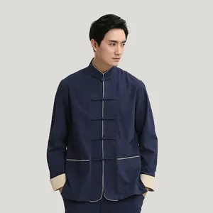 Мужские куртки, однотонное хлопковое льняное пальто в китайском традиционном стиле с длинным рукавом и воротником-стойкой Chaquetas Hombre