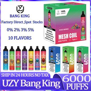Orijinal Uzy Bang King 6000 Puf Puf Tek Kullanımlık E Sigaralar 0.8ohm Mesh Bobin 14ml Pod Pil Şarj Edilebilir Elektronik Cigs Puff 6k 0% 2% 3% 5% Vape Pen