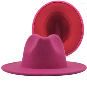 Berets Rose Red Patchwork Wool Felt Jazz Fedora Hats With Belt Buckle Men Women Wide Brim Panama Cowboy Trilby Hat L XL