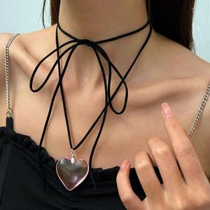 Ожерелья с подвесками, стильное ожерелье с завязками на ленте, розовое/прозрачное колье в форме сердца для женщин