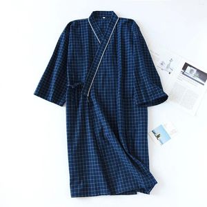 Erkekler Placowear Ekose Dokuma Banyıl Pamuk Japon Tarzı Kimono Nightdress Homewear Four Seasons İnce Erkekler ve Kadınlar Night Giyim