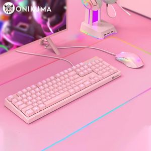 Klavye Mouse kombinasyonları Onikuma Gaming 104 tuşları ve LED arka ışıkla pembe kablolu ergonomik tasarım klavyeleri laptop için fareler pc gamer 231030