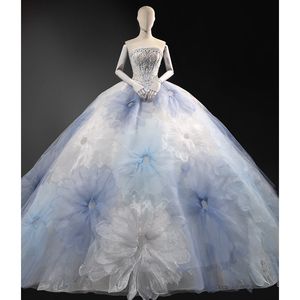 Artı Boyut Dantel Kristaller Gelinlik Arapça Aso Ebi Lüks Mavi 3D Çiçekler Omuz Süpürme Tren Kristal Boncuklu Beach Boho Ball Roose Bridal Gowns Elbiseler