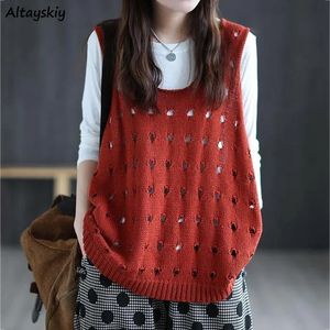 Jaquetas femininas camisola coletes mulheres o-pescoço oco out baggy vintage sem mangas jumpers elegante s-3xl mulheres colete malhas confortáveis na moda 231030