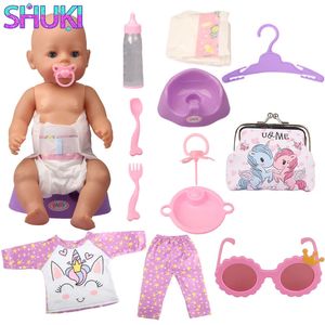 Bonecas boneca talheres fralda pijama cabides óculos saco fezes combinação acessórios para 18 polegada americano 43cm bebê nascido 231031