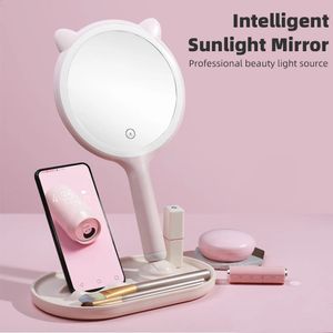 Компактное интеллектуальное зеркало для макияжа Smart Led для макияжа с коробкой для хранения косметики с держателем для телефона для девочек, путешествующих домой 231030