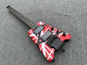 В наличии Eddie Edward Van Halen 5150 Red White Black Strips Безголовая электрогитара Накладка на гриф из палисандра Китай Звукосниматели EMG Tremolo Bridge Черная фурнитура Точечная инкрустация