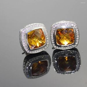 Saplama küpeleri 925 Sterling Gümüş Takı 11mm Prasiolite ve Diamonds Ametist Siyah Oniks Mavi Topaz Citrine Garnet