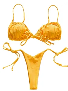 Женский купальник In-X, однотонный бикини, женский купальник из 2 предметов, желтые стринги с микро пуш-ап, 2023, купальный костюм